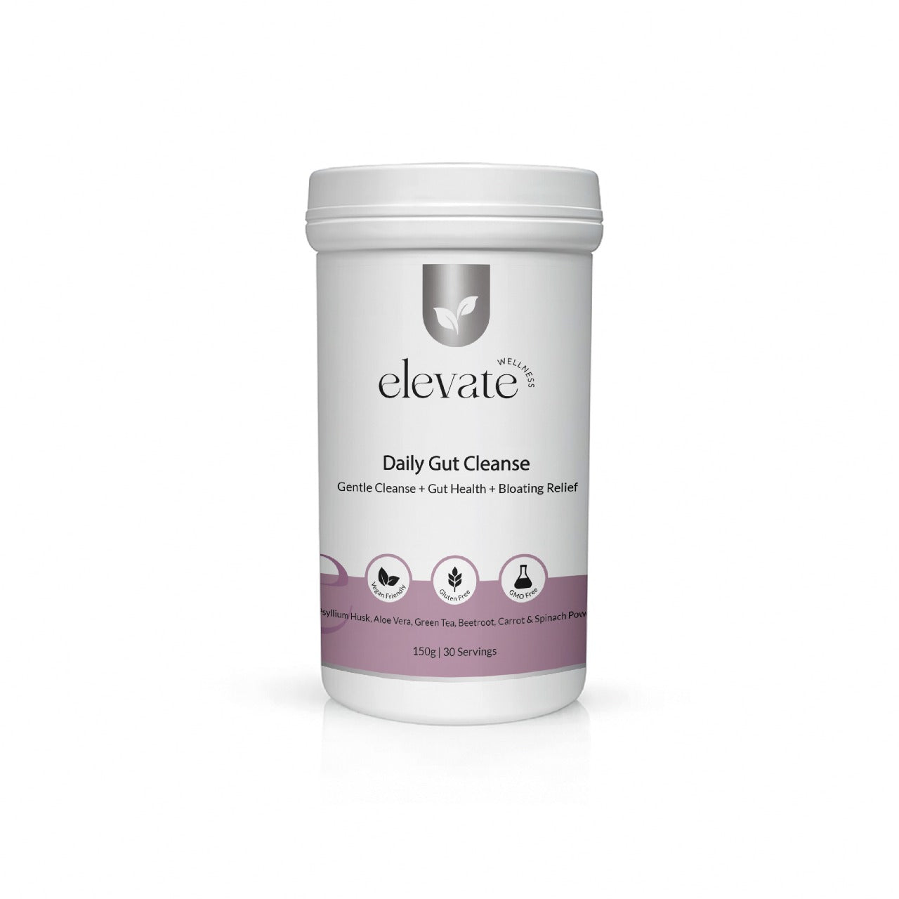 Front view of Elevate Wellness Daily Gut Cleanse supplement tub with white and lavender label, promoting gentle cleanse, gut health, and bloating relief; includes icons for vegan, gluten-free, and GMP certified.