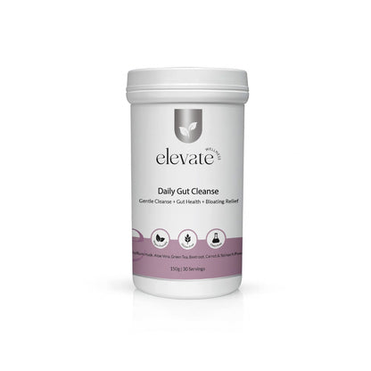 Front view of Elevate Wellness Daily Gut Cleanse supplement tub with white and lavender label, promoting gentle cleanse, gut health, and bloating relief; includes icons for vegan, gluten-free, and GMP certified.