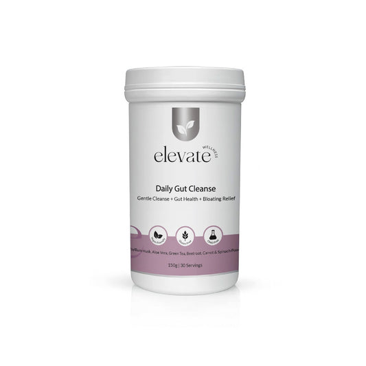 Front view of Elevate Wellness Daily Gut Cleanse supplement tub with white and lavender label, promoting gentle cleanse, gut health, and bloating relief; includes icons for vegan, gluten-free, and GMP certified.