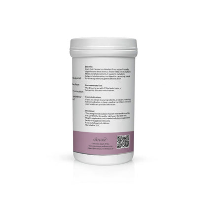 Side label of Elevate Wellness Daily Gut Cleanse showing benefits, recommended use, and disclaimers; emphasizes digestive detox, fat elimination, and metabolic support, with contact details and a QR code.