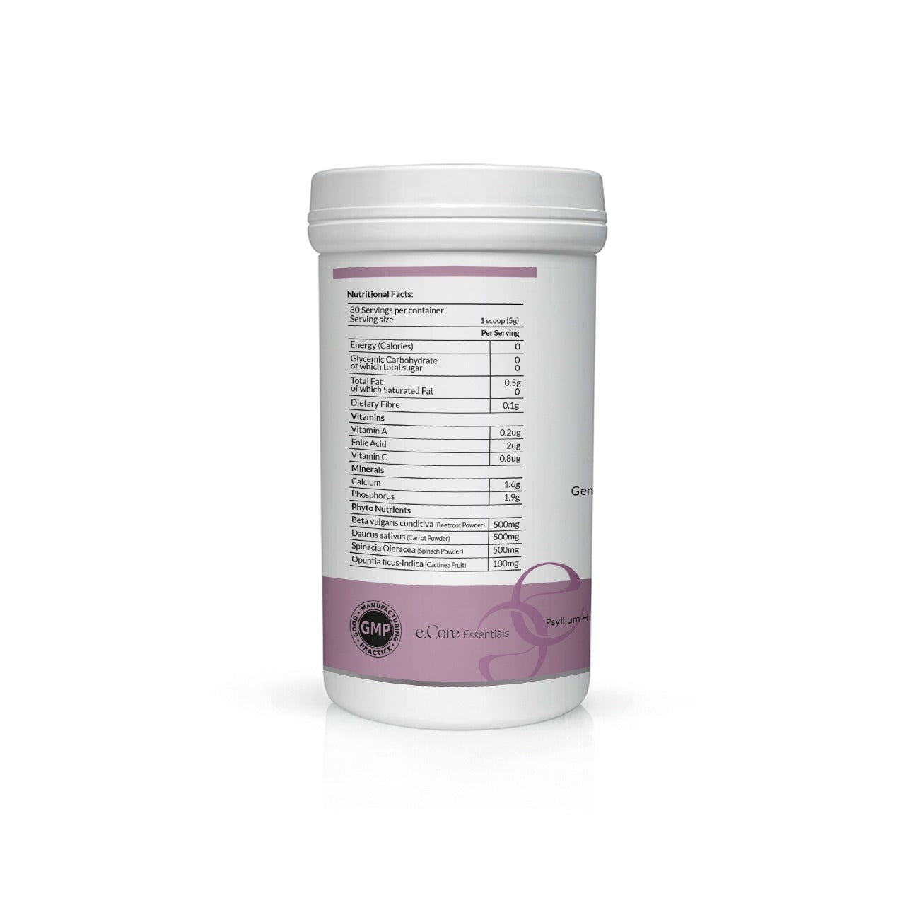 Back label of Elevate Wellness Daily Gut Cleanse tub showing nutritional information per serving; includes vitamins, minerals, and phytonutrients from beetroot, carrot, spinach, and cactus fruit.