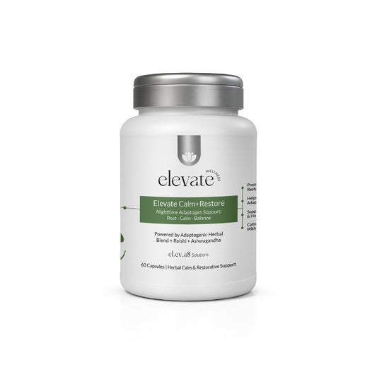 Front view of Elevate Wellness Calm+Restore supplement bottle featuring a white and green label, designed to support nighttime adaptogen balance, rest, and calm. Includes mention of adaptogenic herbal blend with Reishi and Ashwagandha.