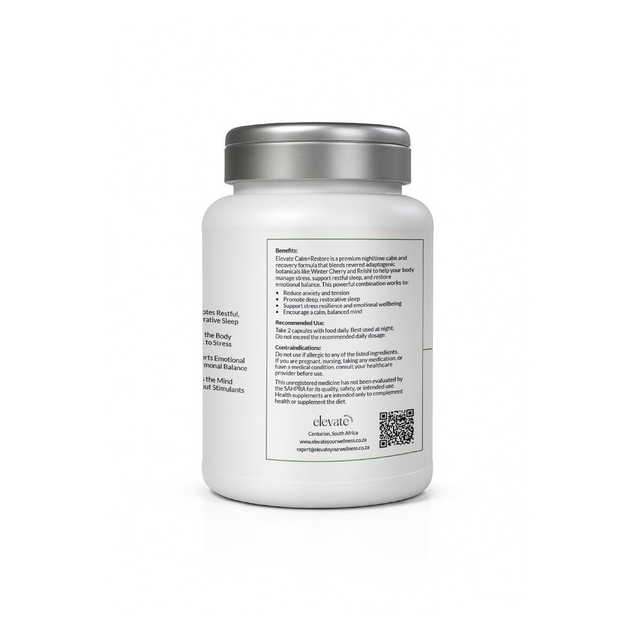 Side label of Calm+Restore detailing benefits and usage, such as supporting emotional balance, sleep quality, and recovery. Includes contact details, a QR code, and nighttime usage directions.
