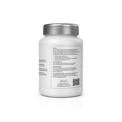 Side label of Calm+Restore detailing benefits and usage, such as supporting emotional balance, sleep quality, and recovery. Includes contact details, a QR code, and nighttime usage directions.