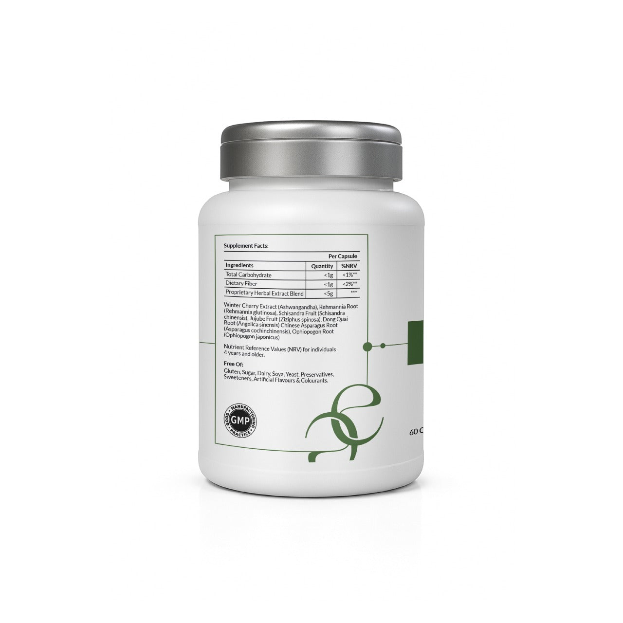 Back label of Calm+Restore showing supplement facts per capsule, highlighting a proprietary herbal extract blend with Winter Cherry, Rehmannia Root, Schisandra Fruit, Dong Quai, and more. Also notes what the formula is free from, including gluten, sugar, dairy, soy, and artificial additives.
