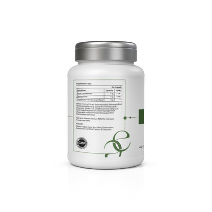 Back label of Calm+Restore showing supplement facts per capsule, highlighting a proprietary herbal extract blend with Winter Cherry, Rehmannia Root, Schisandra Fruit, Dong Quai, and more. Also notes what the formula is free from, including gluten, sugar, dairy, soy, and artificial additives.