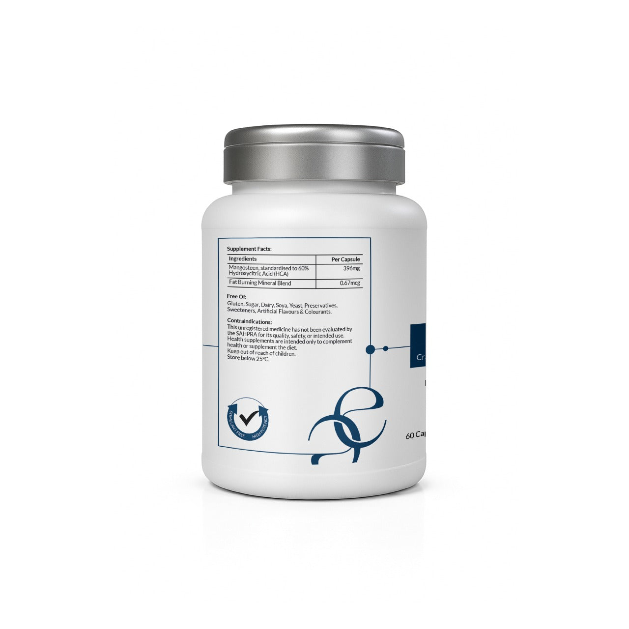 Side label of Burn+Rest bottle displaying supplement facts per capsule, including 390mg of Mangosteen extract and 0.6mg of a fat-burning mineral blend. Also lists ingredients it’s free from, such as gluten, sugar, soy, dairy, preservatives, and artificial additives.