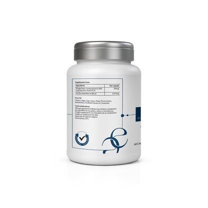 Side label of Burn+Rest bottle displaying supplement facts per capsule, including 390mg of Mangosteen extract and 0.6mg of a fat-burning mineral blend. Also lists ingredients it’s free from, such as gluten, sugar, soy, dairy, preservatives, and artificial additives.
