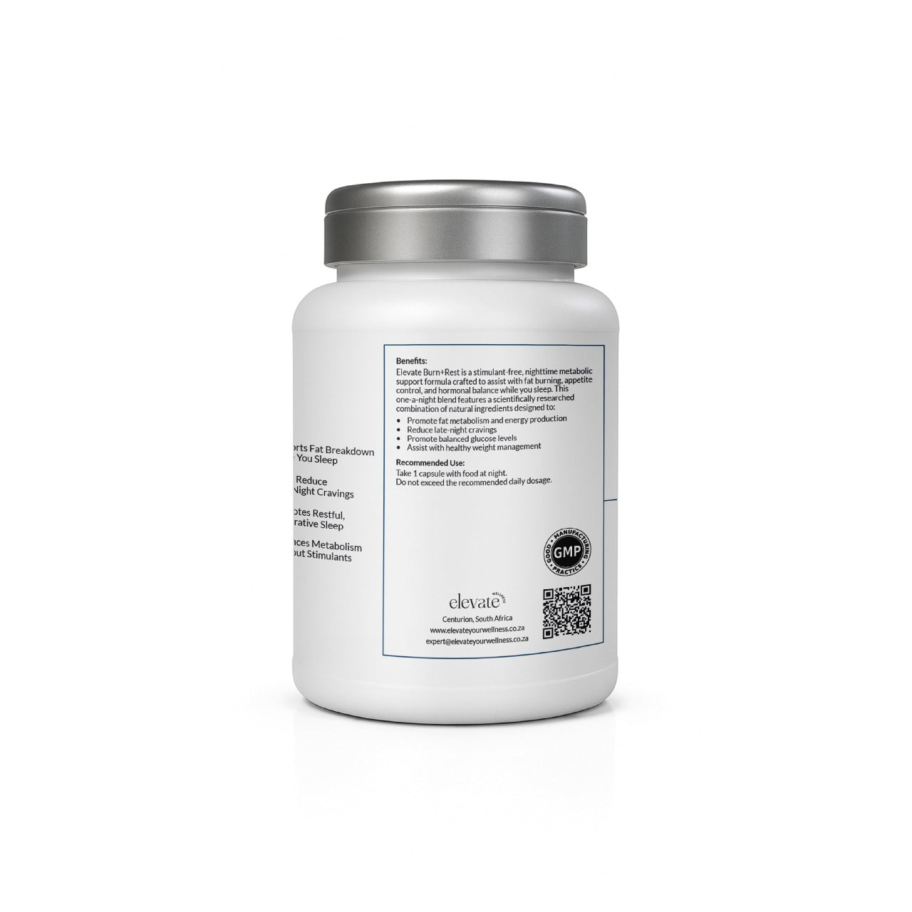Back label of Burn+Rest highlighting product benefits like enhanced overnight metabolism, appetite reduction, deep rest, and weight management. Includes GMP certification, dosage instructions, and contact info.