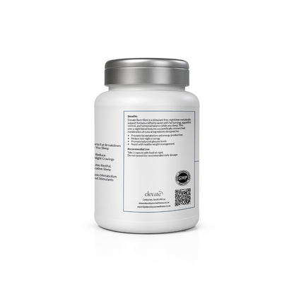 Back label of Burn+Rest highlighting product benefits like enhanced overnight metabolism, appetite reduction, deep rest, and weight management. Includes GMP certification, dosage instructions, and contact info.