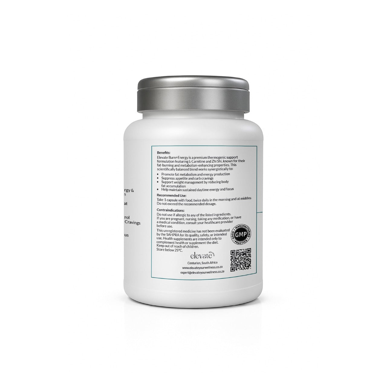 Back label of Burn+Energy highlighting benefits like boosting metabolism, reducing cravings, and improving mental focus. Includes GMP certification, usage instructions, and contact information.