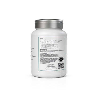 Back label of Burn+Energy highlighting benefits like boosting metabolism, reducing cravings, and improving mental focus. Includes GMP certification, usage instructions, and contact information.