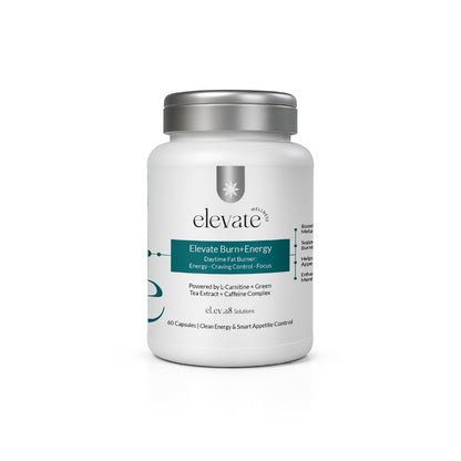 Front view of Elevate Wellness Burn+Energy supplement bottle with white and teal label, marketed as a daytime fat burner for energy, craving control, and focus. Powered by L-Carnitine, Green Tea Extract, and Caffeine Complex.
