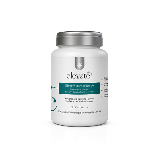 Front view of Elevate Wellness Burn+Energy supplement bottle with white and teal label, marketed as a daytime fat burner for energy, craving control, and focus. Powered by L-Carnitine, Green Tea Extract, and Caffeine Complex.