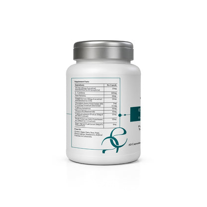 Side label of Burn+Energy showing full ingredient list per capsule, including L-Carnitine, Caffeine, Chromium, Capsicum, Saw Palmetto, and South American Holly. Also notes that the product is free of gluten, sugar, dairy, preservatives, and artificial additives.