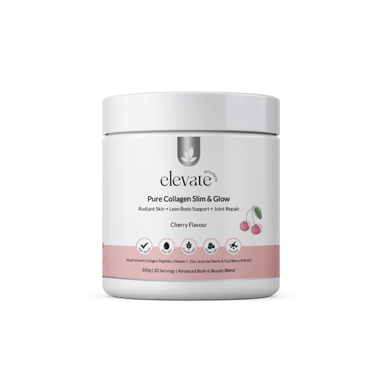 Front view of Elevate Wellness Pure Collagen Slim & Glow supplement tub in cherry flavour, promoting radiant skin, lean body support, and joint repair with icons for gluten-free, non-GMO, sugar-free, and GMP-certified.