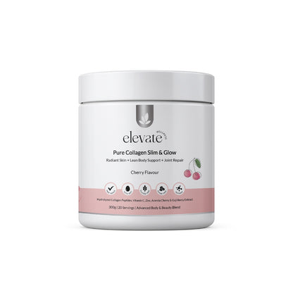 Front view of Elevate Wellness Pure Collagen Slim & Glow supplement tub in cherry flavour, promoting radiant skin, lean body support, and joint repair with icons for gluten-free, non-GMO, sugar-free, and GMP-certified.