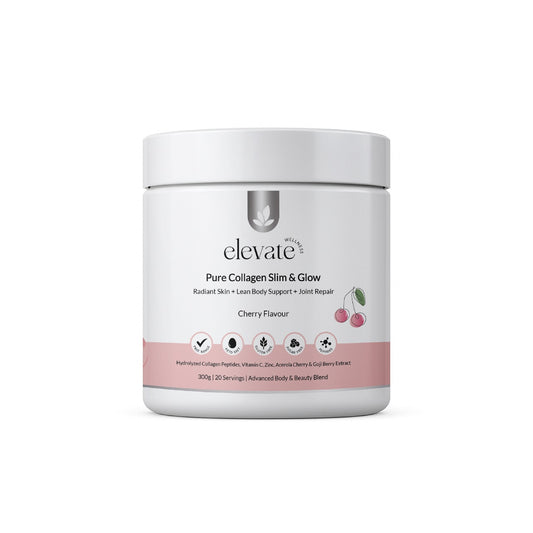 Front view of Elevate Wellness Pure Collagen Slim & Glow supplement tub in cherry flavour, promoting radiant skin, lean body support, and joint repair with icons for gluten-free, non-GMO, sugar-free, and GMP-certified.