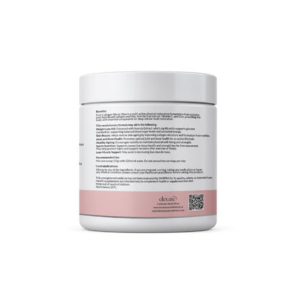 Back label of Pure Collagen Slim & Glow showing nutritional facts per serving and active ingredients including hydrolyzed collagen, goji berry extract, acerola, vitamin C, and zinc.