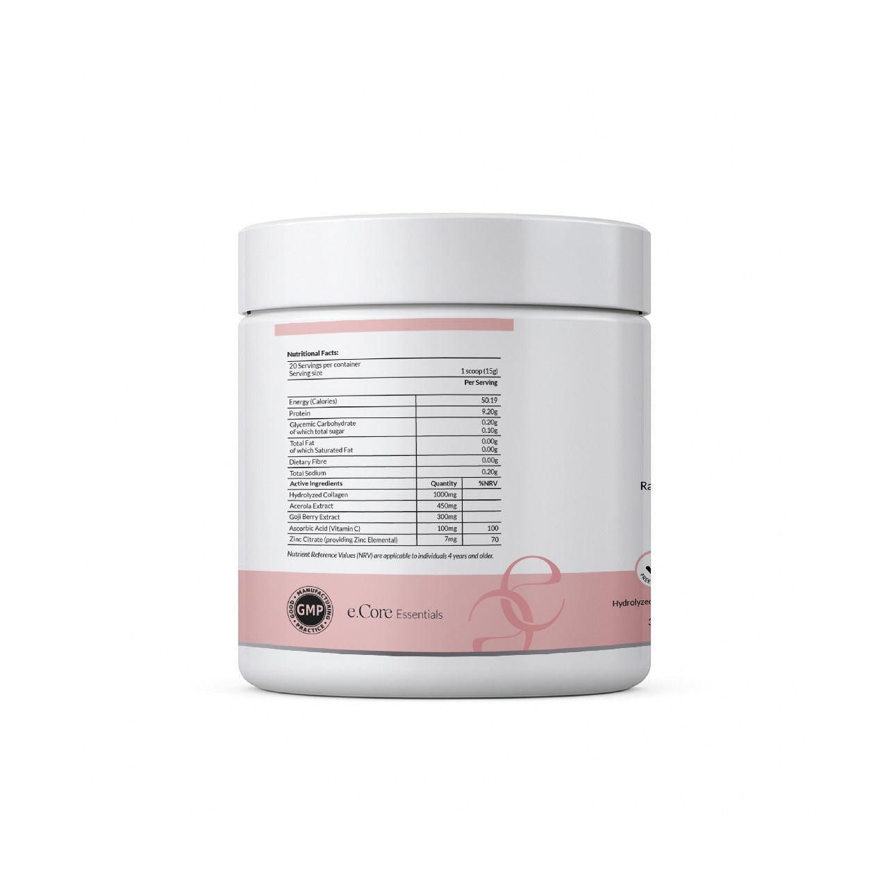 Side label of Pure Collagen Slim & Glow detailing benefits, usage instructions, and disclaimers; highlights ingredients like acerola, goji berry, vitamin C, and zinc to support beauty, joints, bones, weight loss, and mobility.