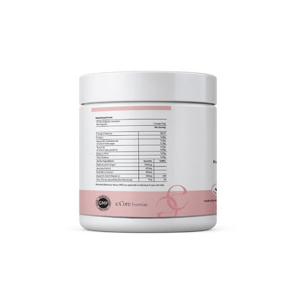 Side label of Pure Collagen Slim & Glow detailing benefits, usage instructions, and disclaimers; highlights ingredients like acerola, goji berry, vitamin C, and zinc to support beauty, joints, bones, weight loss, and mobility.