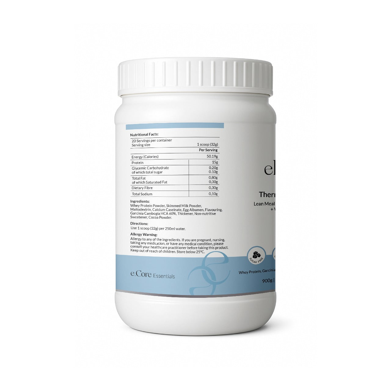 Side label of Thermo Protein Shake displaying nutritional facts and ingredients per serving; includes whey protein, egg albumen, Garcinia Cambogia, green tea, and sweeteners with allergy warnings and usage instructions.