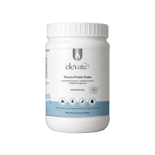 Front view of Elevate Wellness Thermo Protein Shake container in Vanilla Mocha flavour, highlighting benefits like lean meal nutrition, appetite control, and weight management; features icons for gluten-free, non-GMO, and no added sugar.