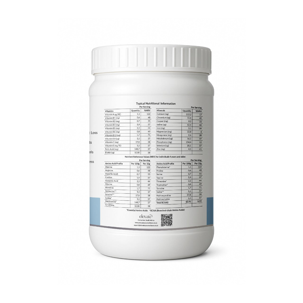 Back label of Thermo Protein Shake container showing detailed nutritional breakdown of vitamins, minerals, and amino acid profile per serving; includes Elevate Wellness contact info and QR code.