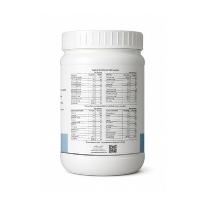 Back label of Thermo Protein Shake container showing detailed nutritional breakdown of vitamins, minerals, and amino acid profile per serving; includes Elevate Wellness contact info and QR code.